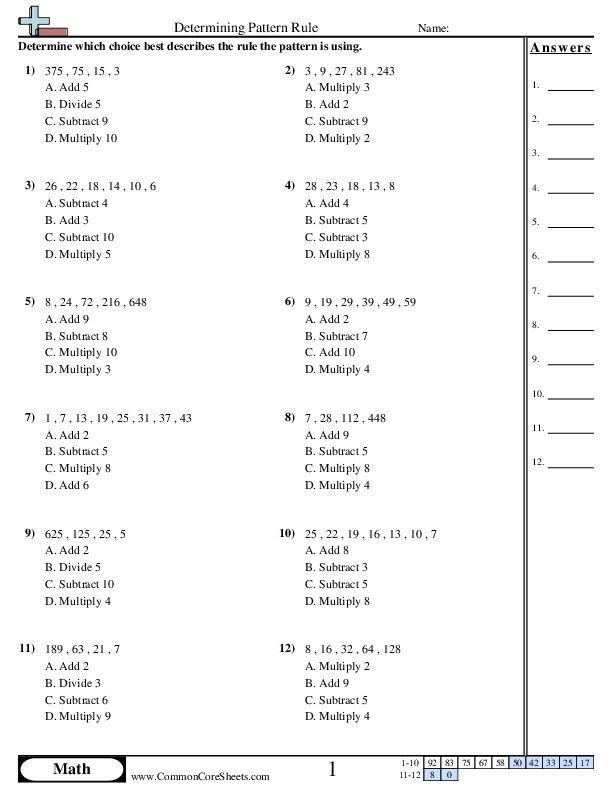 Multiple Choice + , - , × , ÷ worksheet